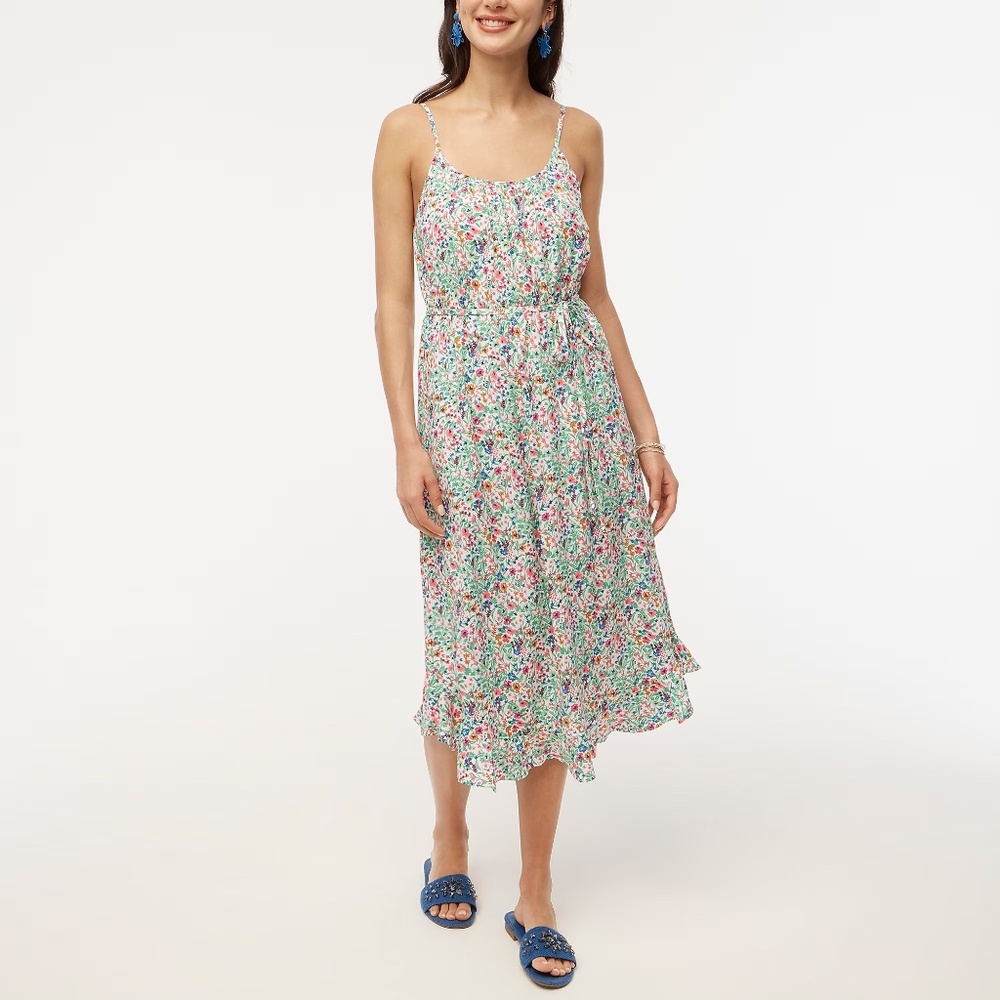 J.Crew Floral Ruffle Midi Dress with Curved Hem